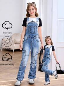 TWEEN GIRL Y2K URBAN STREET Stone Wash High Stretch Cargo Denim Overall Stacked Jeans, Adjustable Straps And Flat Pockets On Side And Back. And Soft. - Medium Wash - View 3