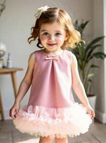 SHEIN Elladie kids Flower Girl Elegant 3D Floral Trim Bow Decor Sleeveless Dress, Suitable For Wedding, Party, Birthday, Holiday, Photo Shooting, Summer - Pink - View 6