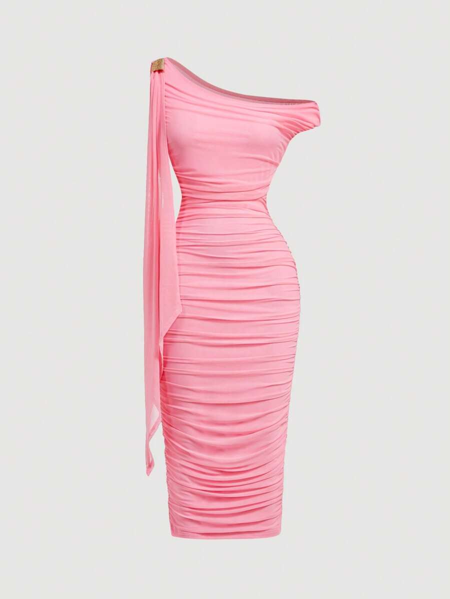 SHEIN MOD Women's Solid Color Asymmetrical Neck Ruched Patchwork Belted Midi Dress, Wedding Guest Dress - Pink - View 1