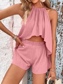 SHEIN Holidaya 新年服装高低下摆吊带上衣和短裤 - 藕粉色 - 查看 3