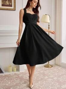 Vintamour Vestido de fiesta de graduación de línea A con cuello cruzado, elegante negro sin mangas y corazón vintage para mujer, vestido de regreso a casa de otoño - Negro - Ver 2