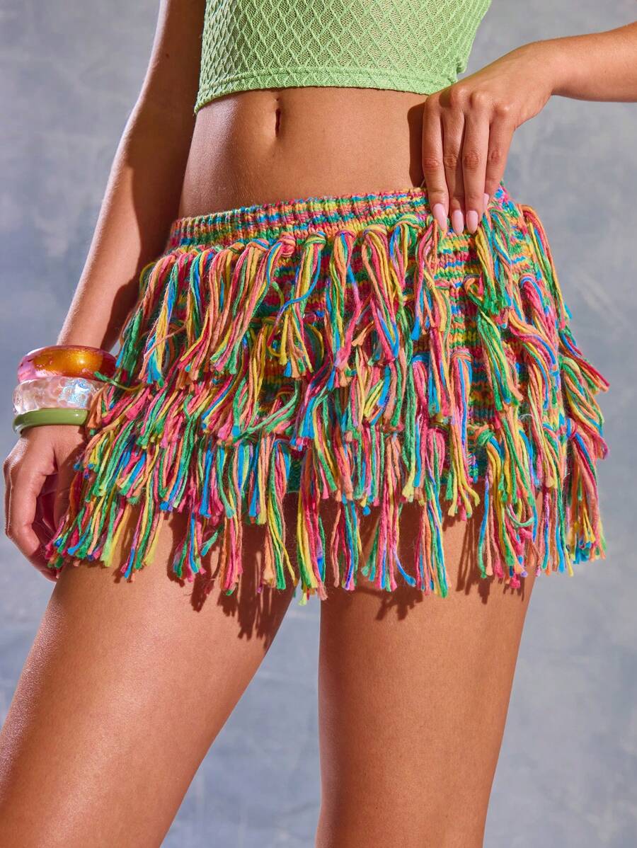 MUSERA 荷叶边针织多层迷你裙，夏季，伊比沙岛，Y2K，酷女孩，音乐节，锐舞派对，度假，夜店，可爱迈泰鸡尾酒，秋冬派对 - 彩色 - 查看 1