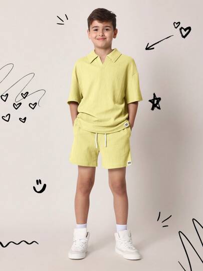 SUMWON Conjunto de polo de verano con textura - Conjunto informal de dos piezas de camiseta de manga corta de seersucker y pantalón corto para playa, resort, vacaciones y tiempo libre