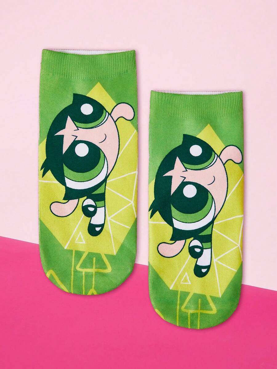 THE POWERPUFF GIRLS X SHEIN 1 Pair Buttercup Pattern Fashion Ankle Socks - Multicolor - View 1