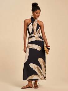 Travachic 大码女式露肩花卉印花长裙 - 黑色 - 查看 5