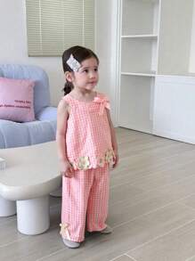 2 件套女婴夏季套装，2025 年新款幼儿女童吊带无袖背心和格子图案休闲长裤 - 粉色 - 查看 3