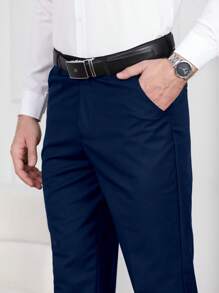 Calvornis Men's Business Style Solid Color Suit Trousers (Asymmetric Cut), Old Money Style - Navy Blue - View 3