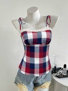 Lunelith SHEIN Lunessa Vintage karrierter Kontrast-Spitzen-Schleife gebundenes Spaghettitop für Frauen