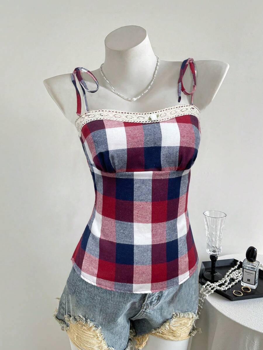 Lunelith SHEIN Lunessa Vintage karrierter Kontrast-Spitzen-Schleife gebundenes Spaghettitop für Frauen