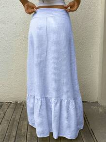 Sunnyshic 女式休闲超长裙，腰部有褶，条纹图案，下摆有荷叶边 - 淺色水洗藍 - 查看 2