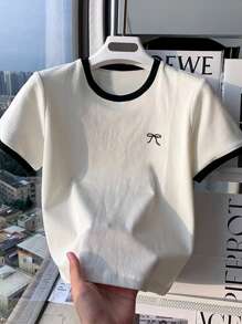 Women's Color Blocking Butterfly Embroidery Round Neck Short Sleeve T-Shirt