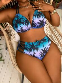 Slaydiva Plus Size 2Pcs Sexy Brown Palm Tree Print Tie-Front Bikini Set For Women, Summer Beach