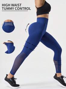 SHEIN Sports 无缝瑜伽紧身裤/高腰收腹提臀/蜜桃提拉/无缝瑜伽/户外健身/跑步/骑行 - 藏蓝色 - 查看 2