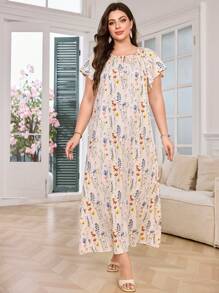 Lacomfia Plus Size Women's Ditsy Floral Crew Neck Loose Casual Maxi Dress - Apricot - View 3