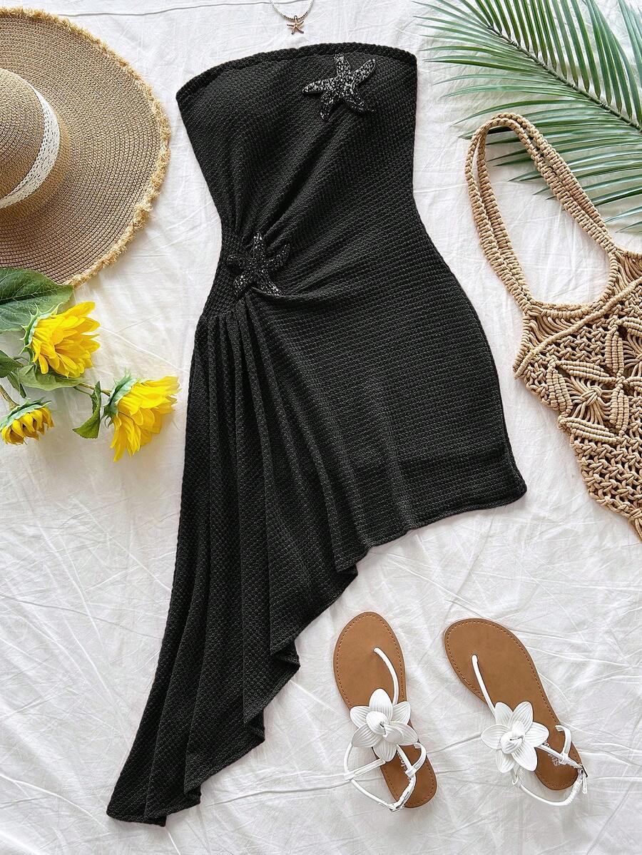 Soleia Bright Orange Tropical Beach Resort Women's Strapless Ruched Flounce Hem Starfish Decor Mini Beach Dress Black Summer Dress Black Vacation Dress Black Beach Dress Black Swimsuit Cover Up Black Beach Cover Up