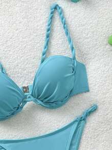 Soleia 军绿色纹理胸杯荷叶边编织拼接比基尼套装，度假装