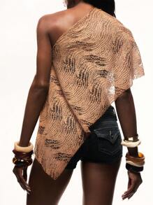 TypaGal Loose Round Neck Long Sleeve Hollow Pullover - Coffee Brown - View 2