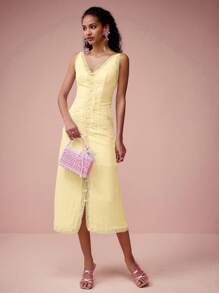 Enchnt 女士纯色吊带裙，夏季时尚 - 黃色 - 查看 4