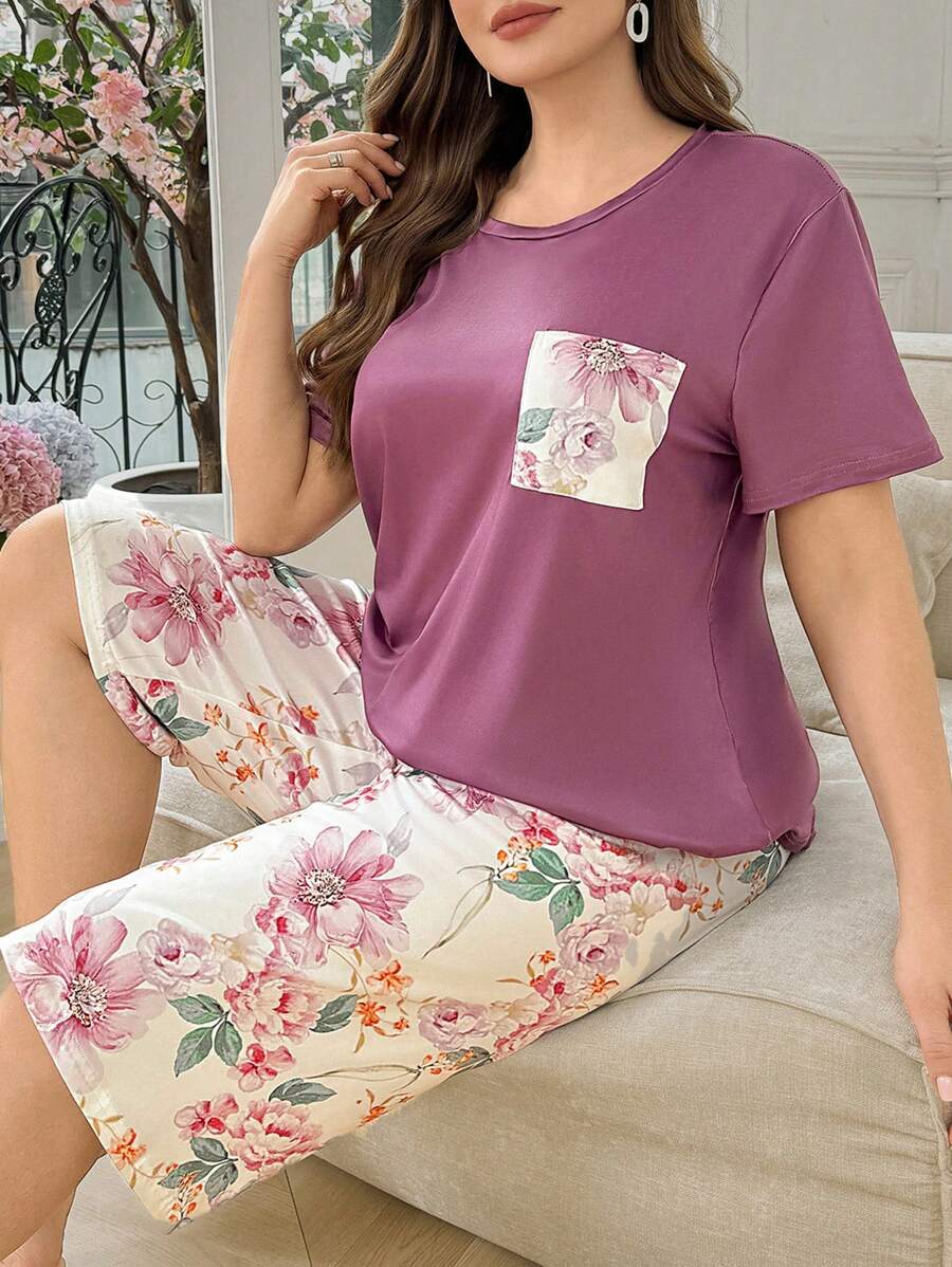 SHEIN New Floral Print Patch Pocket Loose Casual Short Sleeve T-Shirt And 3/4 Pants Pajamas Set, Plus Size