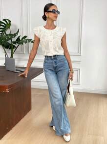 SHEIN Frenchy Blusa de moda con cuello redondo, abotonada, de manga corta y jacquard, para verano