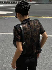 TrendSteals 女士夏季蕾丝拼接翻领露背薄款夹克 - 黑色 - 查看 2