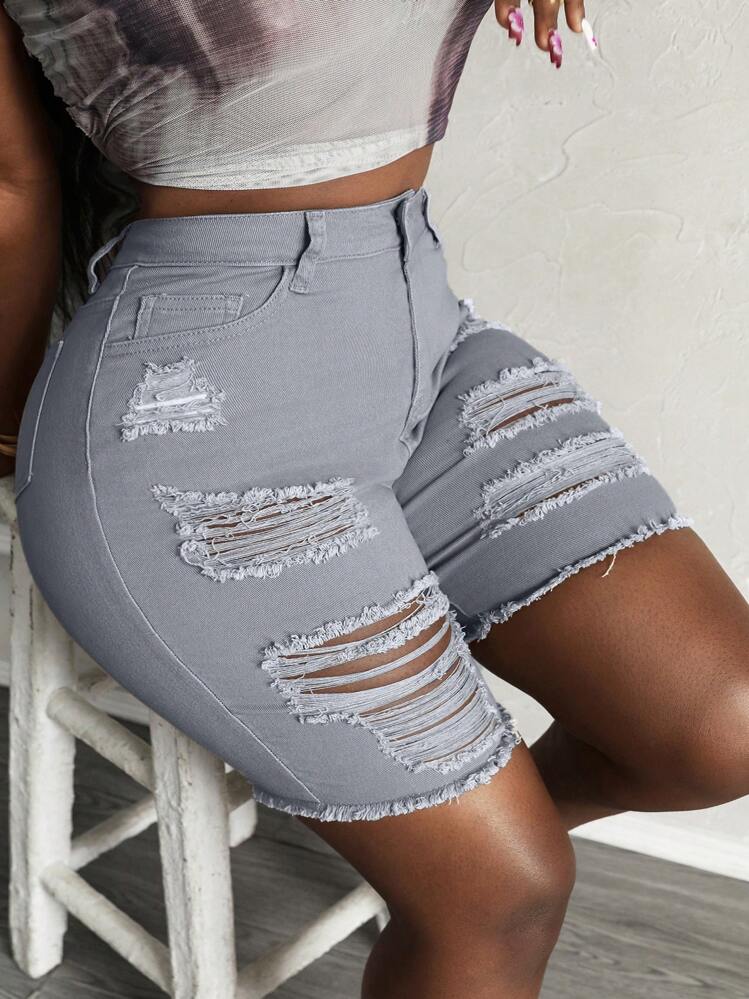 Slaydiva Quần short denim thường ngày viền thô rách có túi cỡ lớn dành cho nữ - Màu Xám nhạt - Xem 1