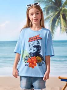 Shark Week X SHEIN Tween Girl Shark & Letter Graphic Round Neck Short Sleeve T-Shirt - Blue - View 7