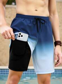 Tween Boys Stylish And Casual Gradient Beach Shorts,Drawstring Elastic Waist Swimming Trunks - Navy Blue - View 1