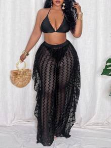 Slaydiva Plus Size Women Wave Striped Mesh Cover Up & Wide Leg Pants Set For Summer Beach Vacation - Black - View 1