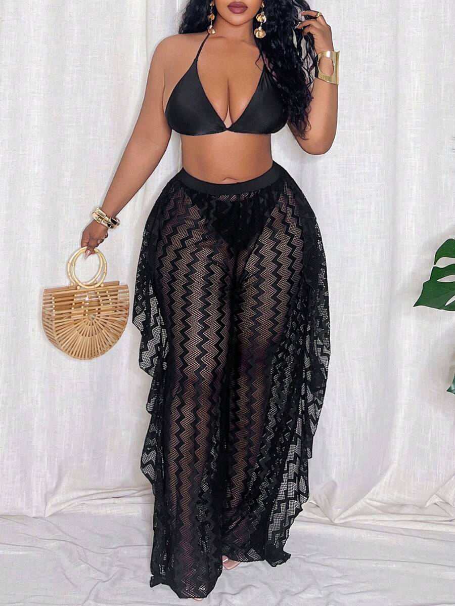 Slaydiva Plus Size Women Wave Striped Mesh Cover Up & Wide Leg Pants Set For Summer Beach Vacation - Black - View 1