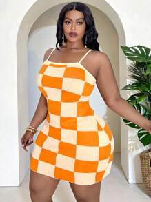 Slaydiva Abito casual a maglia aderente con fantasia a quadri e bretelle, taglie forti