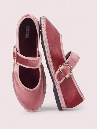 CUCCOO DOLLMOD Zapatos planos de estilo Mary Jane de mujer, elegantes, de terciopelo rosa, clásicos y cómodos con correa ancha de terciopelo
