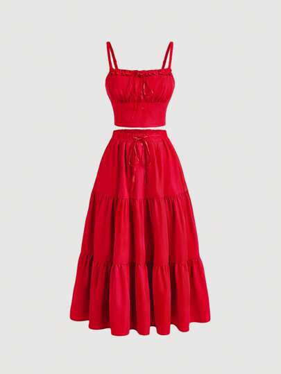 SHEIN MOD Vintage Bohemian lange rok en romantische strandrok voor dames, set van twee stuks in rood