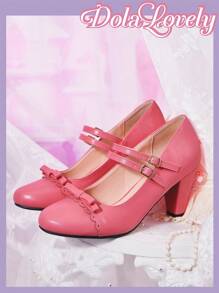 Dola Lovely 女士黑白玛丽珍高跟鞋，经典复古洛丽塔蕾丝图案 - 玫紅色 - 查看 1