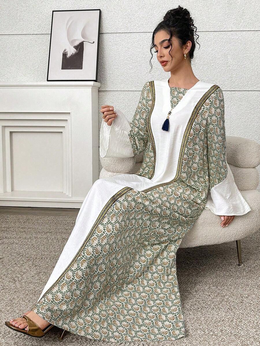 Yasmyna Women's Colorblock Allover Print Elegant Long Sleeve Turkish & Arabic Traditional Long Robe, Modest Kaftan - Green - View 1