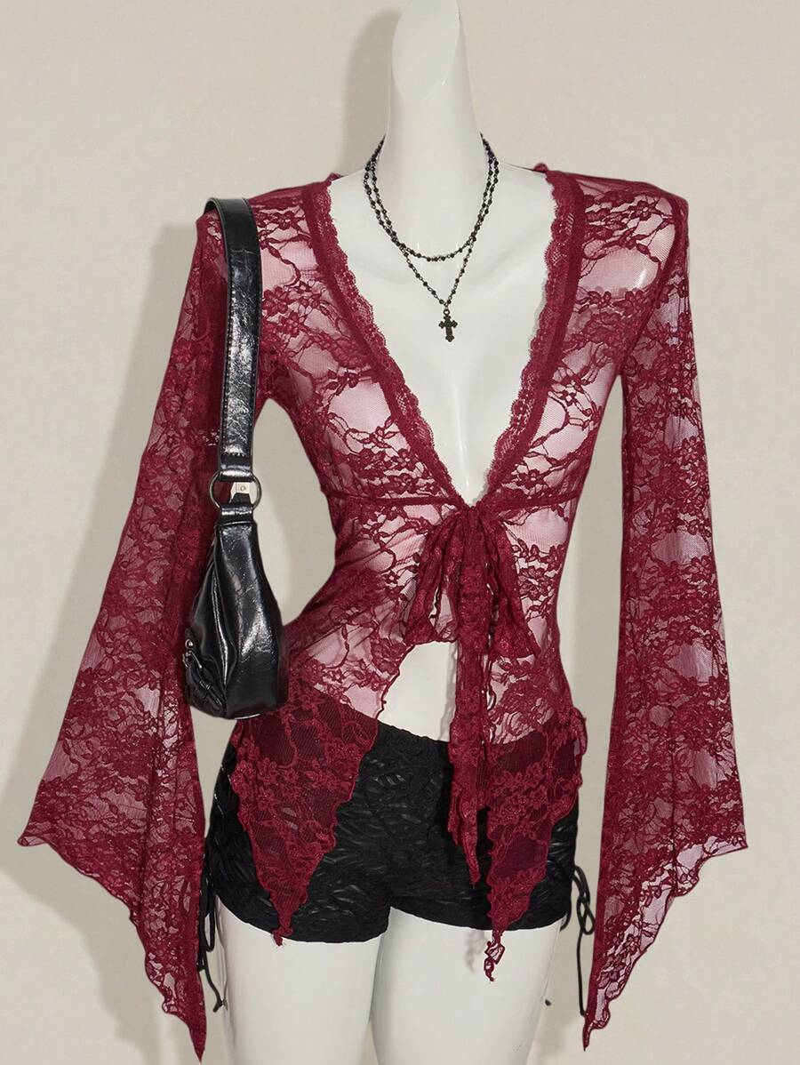 SHEIN ICON Y2k Women's Western Country Concert Boho Hippie Goth Sheer Burgundy Sexy Lace Twist Front Long Sleeve Cardigan - Burgundy - View 1