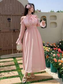 DAZY Rochie midi cu mânecă lungă pentru femei, de toamnă, cu model casual, cu talie înaltă, mânecă clopot, volane, guler nou, umăr deschis - Roz - Vizualizare 1