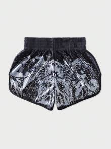 ROMWE MEN Prep Men's Religious Sparkling Rhinestone Boxing Shorts, Sports Shorts - Black - View 2