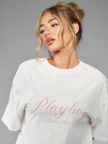 Missguided x Playboy 经典兔子标志 T 恤自 1953 年以来图案超大棉质 T 恤超柔软街头短袖休闲家居服运动休闲 - 白色 - 查看 6