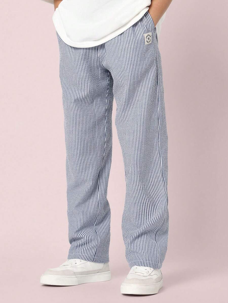 SUMWON Twill Seersucker Pull On Pants Relaxed Fit Classic Stripe Pattern Straight Leg Casual Everyday School Uniform Style Vacation Spring Summer