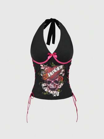 Grunge Punk Blusa de tirantes corta con estampado de calavera con strass y flores de rosa, adecuada para festivales de música de verano