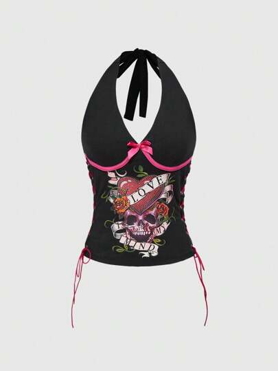 Grunge Punk Canotta Y2K da donna con scollo alla coreana, stampa floreale rosa e teschi in strass, adatta per festival musicali estivi