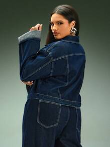 Denimoi Chaqueta vaquera de manga con puño para tallas grandes - Azul - Ver 5