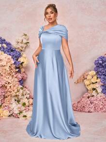 SHEIN Belle 大码女式优雅浪漫缎面露肩扭结不对称蝴蝶结 A 字形正式伴娘礼服，适合婚礼活动 - 藍色 - 查看 4