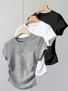 INAWLY Plus Size Women's Solid Color Minimalist Crew Neck Short Sleeve T-Shirt