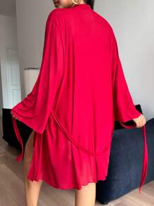 SHEIN 加大码网状长袍套装，带蕾丝杯，透视性感高开衩吊带长袍，迷人内衣