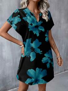 SHEIN LUNE Casual & Simple V-Neck Woven Short Floral Dress, Black Base With Blue Floral Prints, Suitable For Spring & Summer Vacation Dress