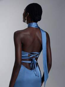 Elitara 优雅水蓝色闪亮弹力缎面露背（围巾款式）亮片性感交叉露背美人鱼晚礼服，适合约会、节日、单身派对、婚礼、伴娘 - 霧霾藍 - 查看 5