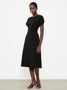 Lumivelle Round Neck Batwing Sleeve Ruched Women Dress - Black - View 4