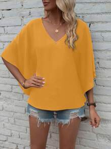 EMERY ROSE Camisa casual holgada para mujer de verano, de unicolor, con cuello en V y mangas tipo murciélago - Amarillo - Ver 6